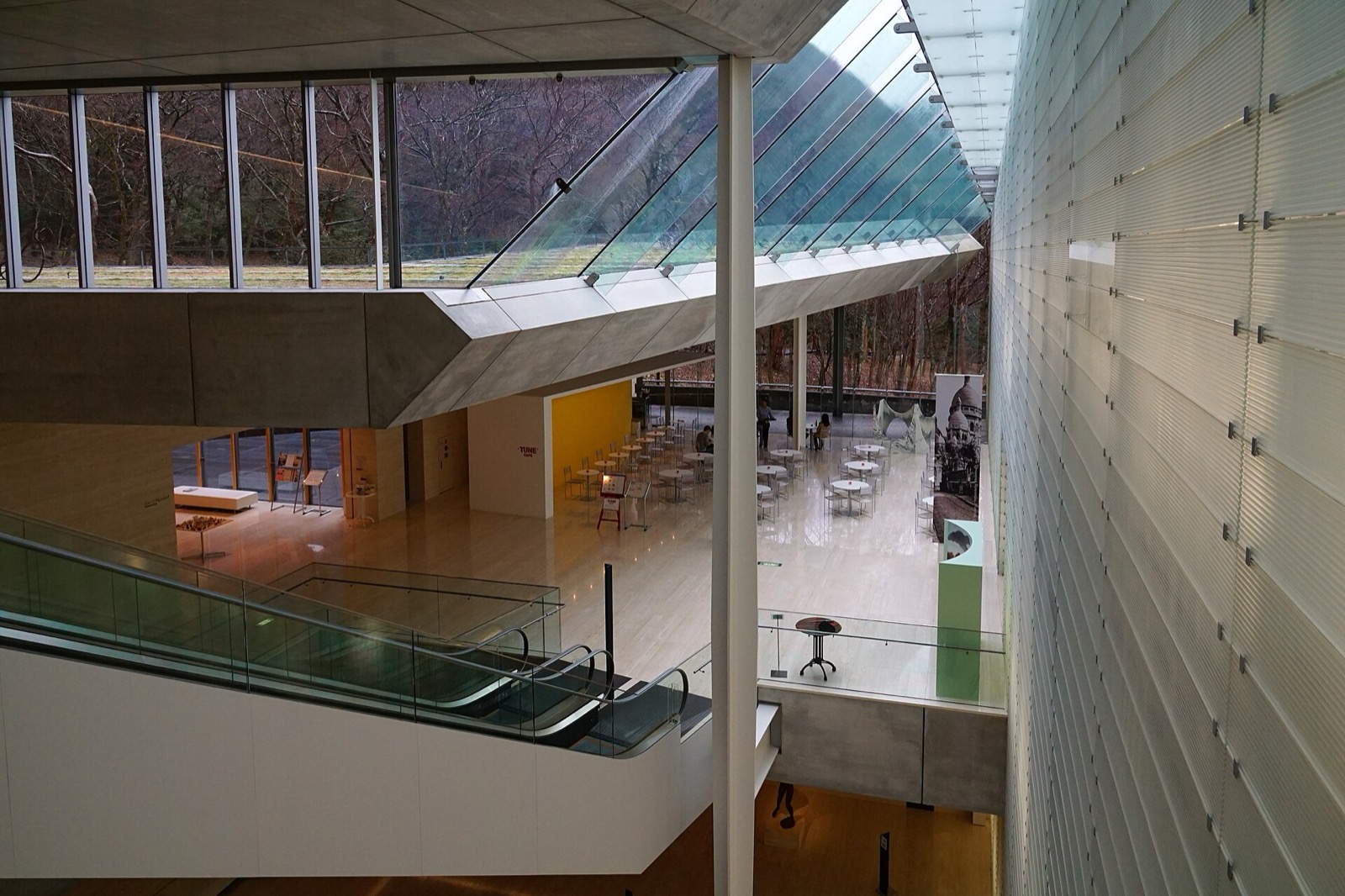 Atrium Pola Museum od góry: ruchome schody, przeszklony dach i okna na zimowy las, niżej stoliki; 22 grudnia 2016.